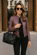 Women's Mandarin-Collar Slim Leather-Look Jacket in Sizes S to 5XL - Light Purple