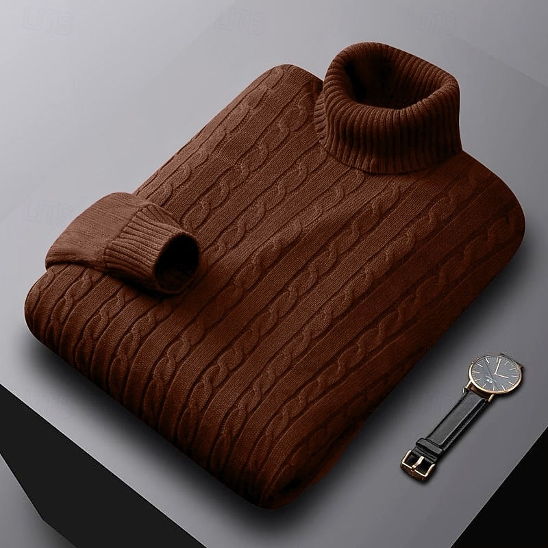 Men's Dense Cable-Knit Turtleneck Sweater with Ribbed Collar - Coffee