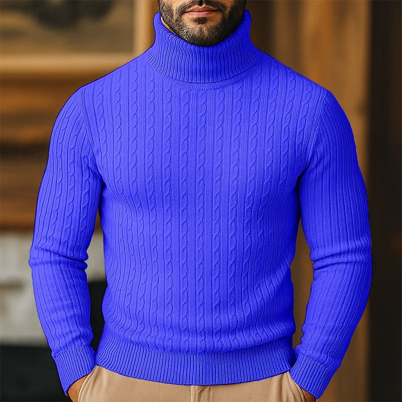 Men's Twisted-Cable Rolled-Neck Sweater in a Slim Cut - Royal Blue