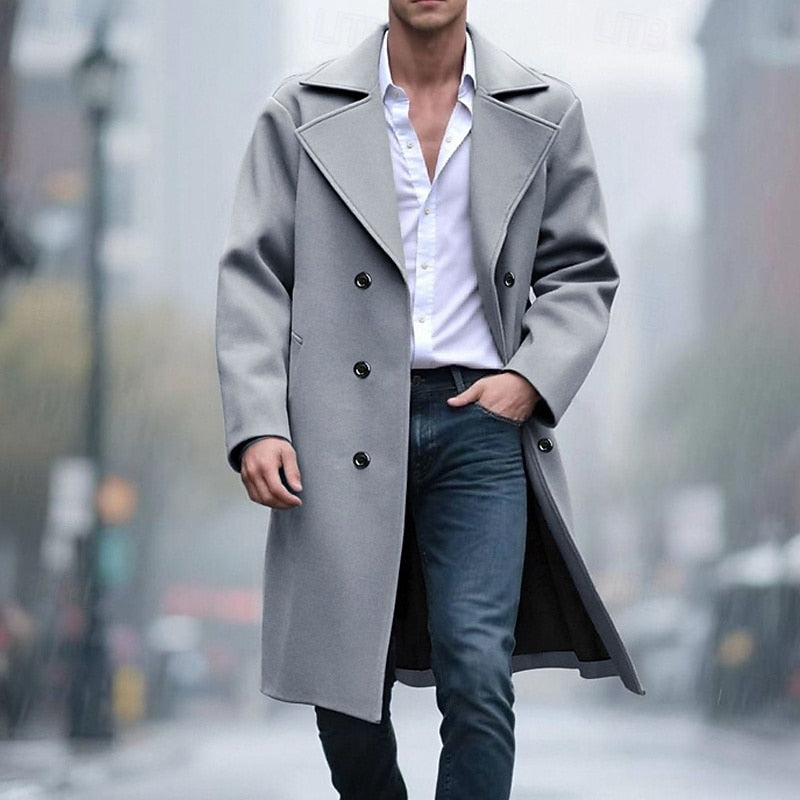Men's Sharp-Lapel Tailored Overcoat with Double-Breasted Closure - Light Gray