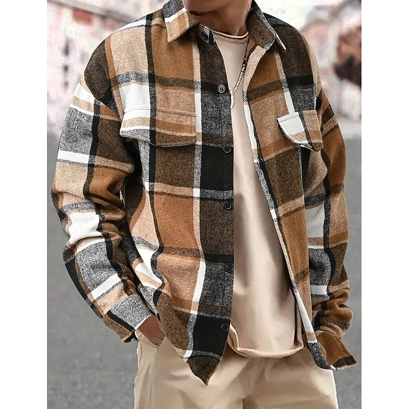 Men's Sturdy-Button Plaid Shirt Jacket with Chest Pockets - Yellow
