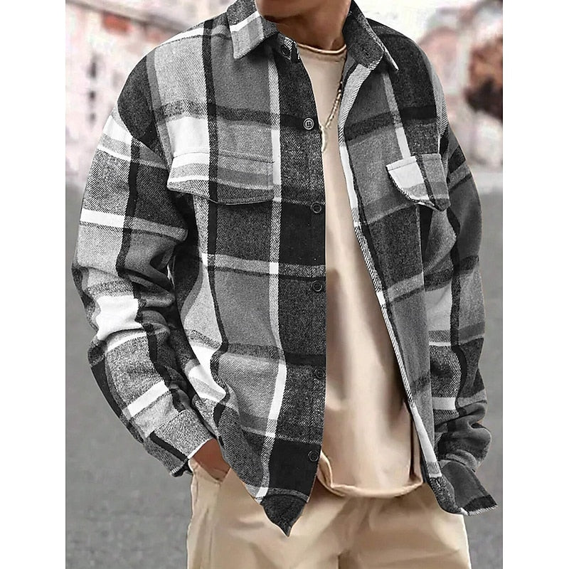 Men's Sturdy-Button Plaid Shirt Jacket with Chest Pockets - Dark Gray