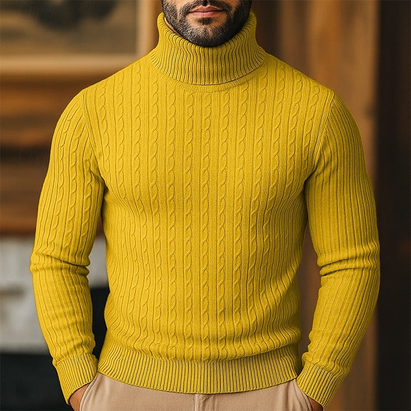 Men's Twisted-Cable Rolled-Neck Sweater in a Slim Cut - Natural Yellow