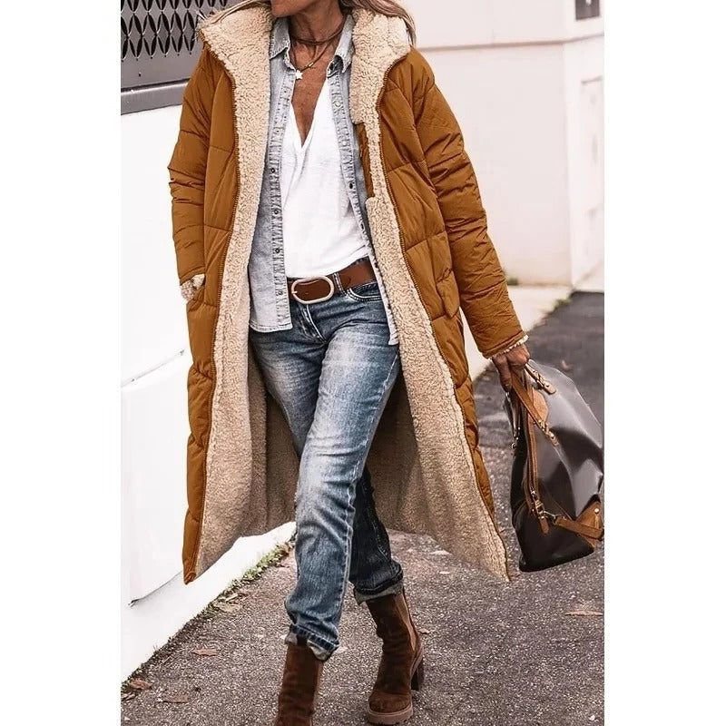 Women's Everyday Long Puffer Coat, Quilted and Fleece-Lined - Brown