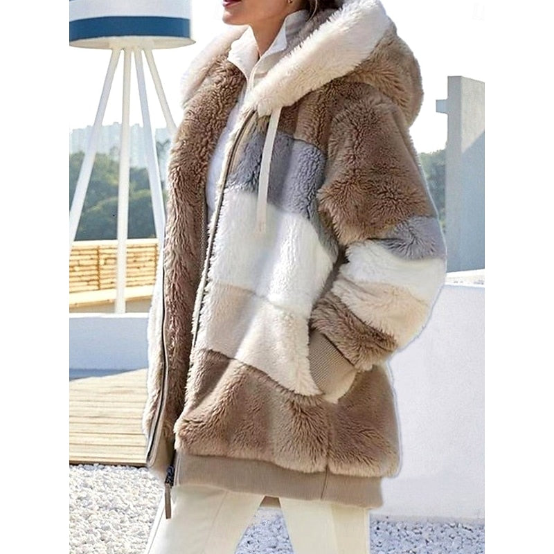 Women's Hooded Plush Zip Jacket with Hand-Warmer Pockets