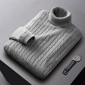 Men's Dense Cable-Knit Turtleneck Sweater with Ribbed Collar - Light Gray