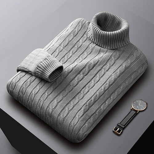 Men's Dense Cable-Knit Turtleneck Sweater with Ribbed Collar - Light Gray