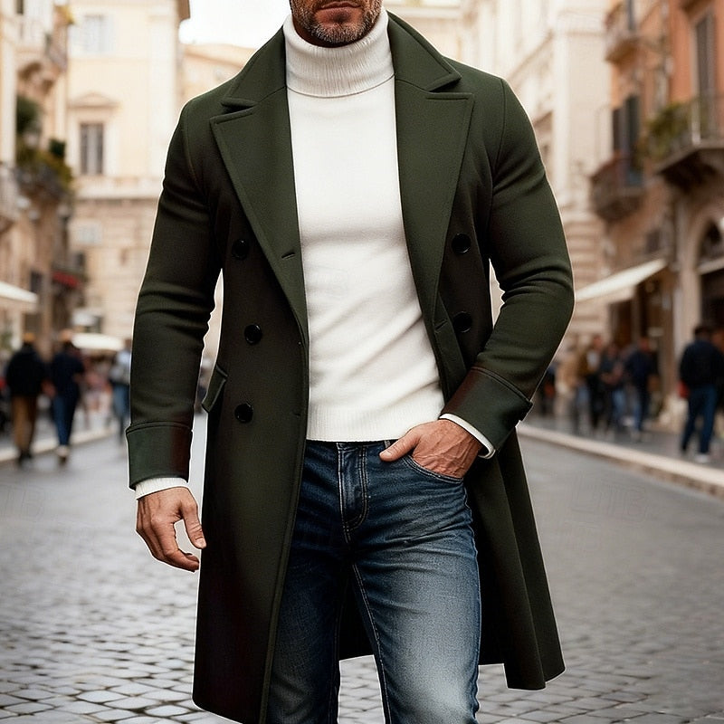 Men's Longline Double-Breasted Topcoat with Generous Pockets