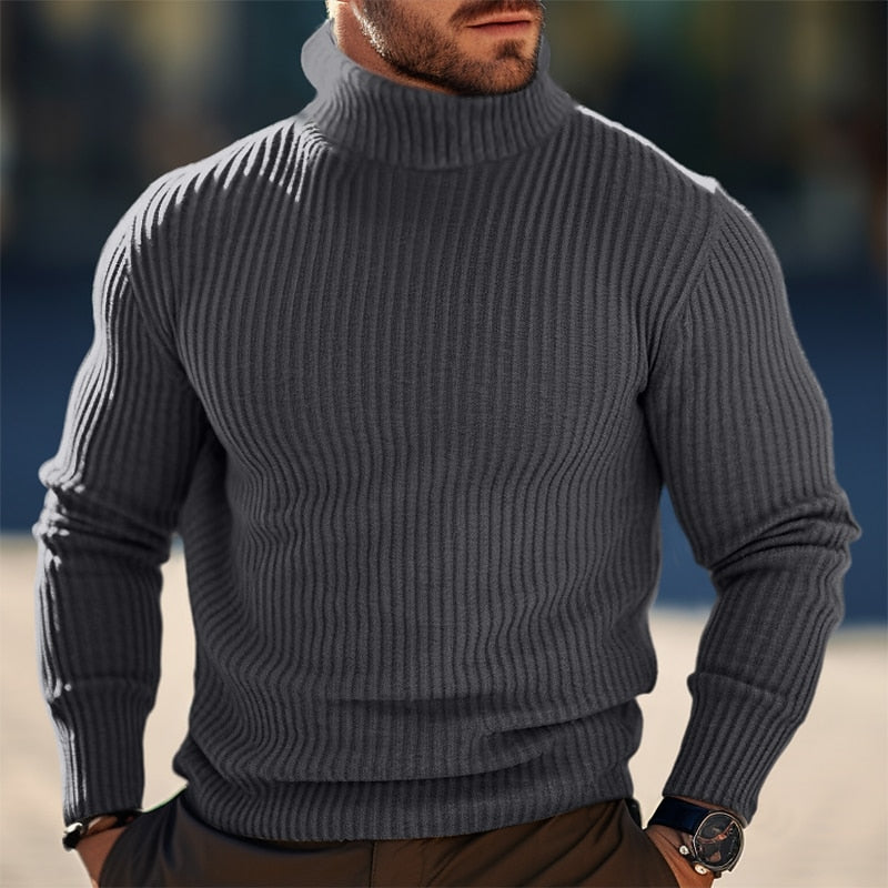 Men's Slim Rib-Knit Turtleneck Sweater for Jacket Layering - Gray