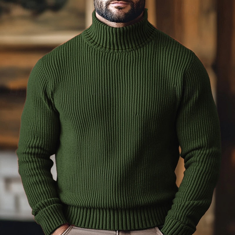 Men's Classic Rib-Knit Turtleneck Sweater with an Easy Fit - Green