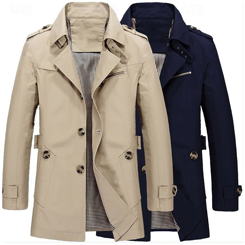Men's Three-Season Trench Coat with Button Front and Lapel Collar